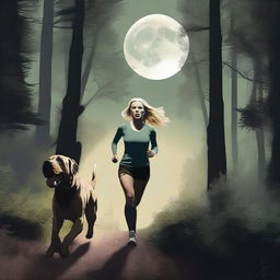 A blonde woman in running gear is being chased through a dense forest by a Mastiff dog