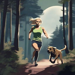 A blonde woman in running gear is being chased through a dense forest by a Mastiff dog