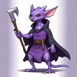 A cute male kobold with purple, scaly skin, hairless, furless, and earless