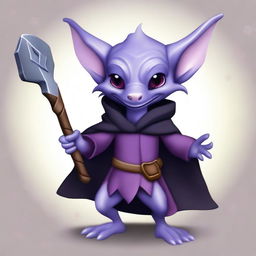 A cute male kobold with purple, scaly skin, hairless, furless, and earless