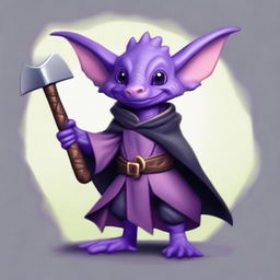 A cute male kobold with purple, scaly skin, hairless, furless, and earless