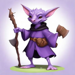 A cute male kobold with purple, scaly skin, hairless, furless, and earless