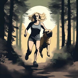 A blonde woman in running gear is being chased through a dense forest by a Mastiff dog