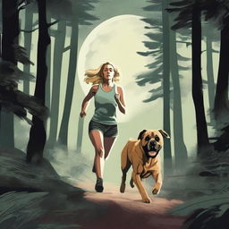 A blonde woman in running gear is being chased through a dense forest by a Mastiff dog