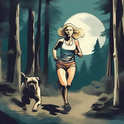 A blonde woman in running gear is being chased through a dense forest by a Mastiff dog