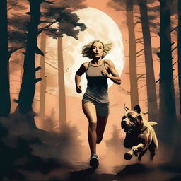 A blonde woman in running gear is being chased through a dense forest by a Mastiff dog