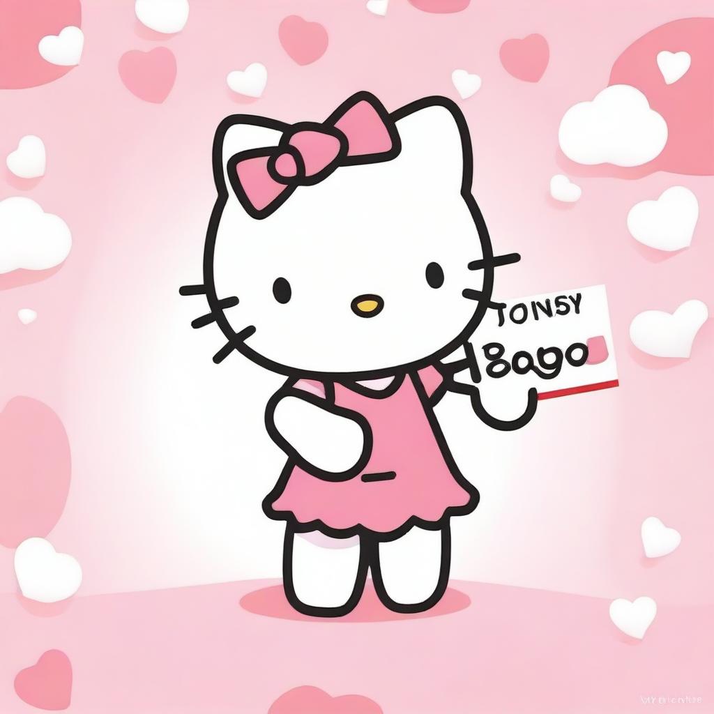 A cute and friendly Hello Kitty character holding a sign that says 'Order Now'