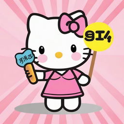 A cute and friendly Hello Kitty character holding a sign that says 'Order Now'