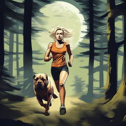 A blonde woman in running gear is being chased through a dense forest by a Mastiff dog