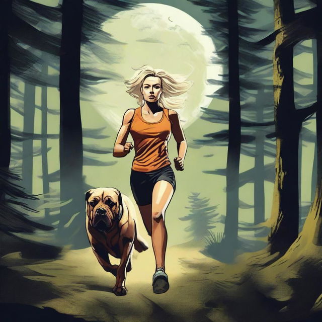 A blonde woman in running gear is being chased through a dense forest by a Mastiff dog