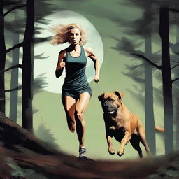 A blonde woman in running gear is being chased through a dense forest by a Mastiff dog