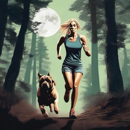 A blonde woman in running gear is being chased through a dense forest by a Mastiff dog