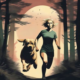 A blonde woman in running gear is being chased through a dense forest by a Mastiff dog