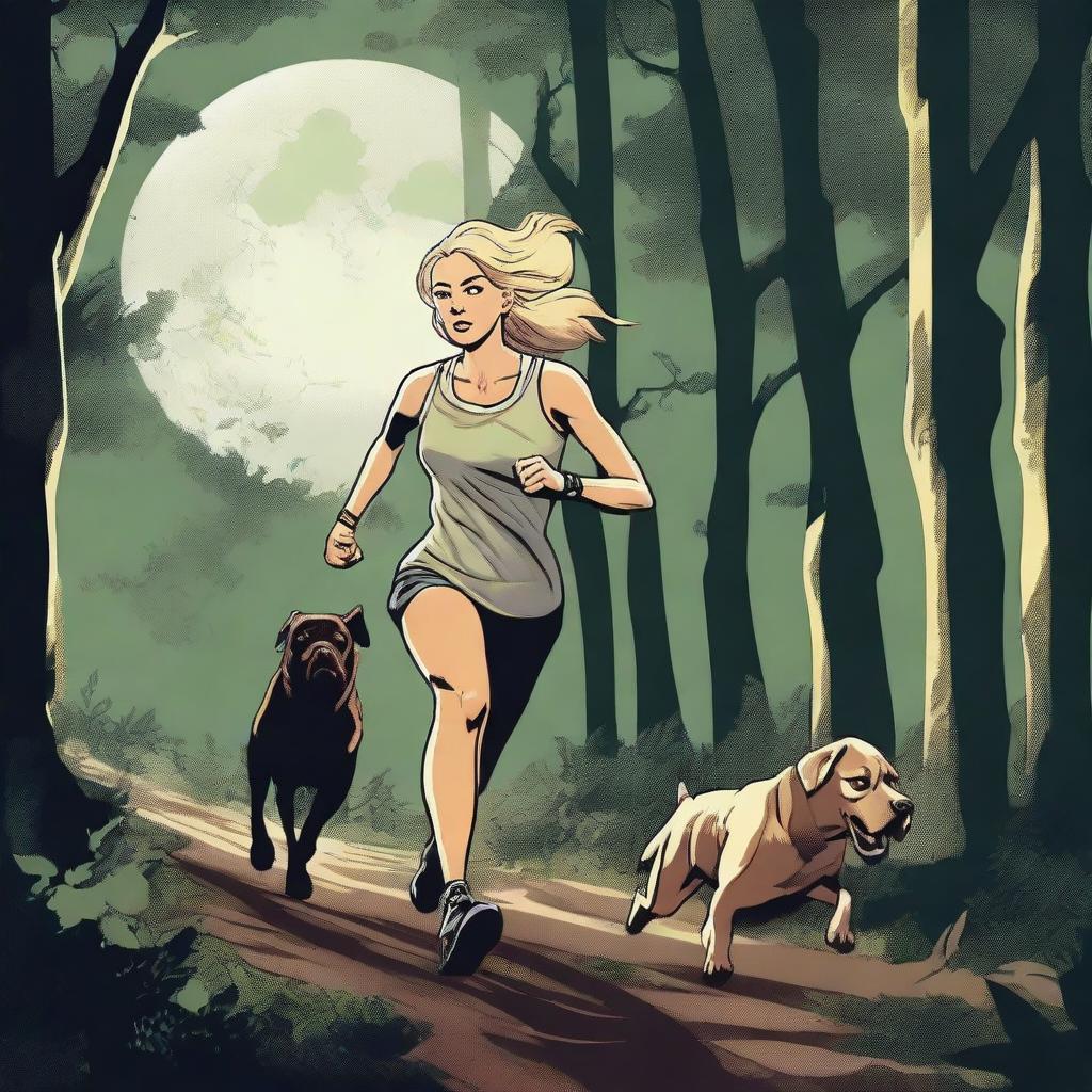 A blonde woman in running gear is being chased through a dense forest by a Mastiff dog