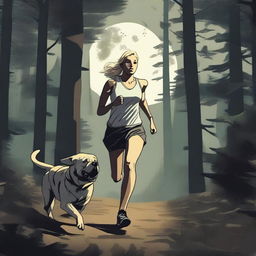 A blonde woman in running gear is being chased through a dense forest by a Mastiff dog