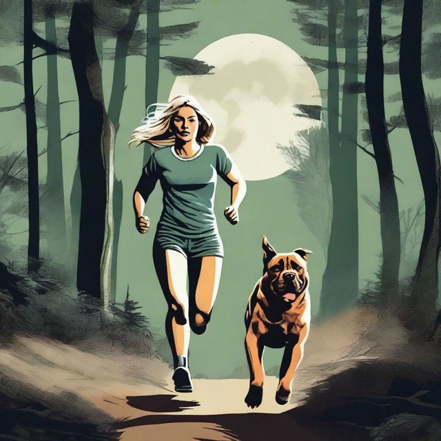 A blonde woman in running gear is being chased through a dense forest by a Mastiff dog