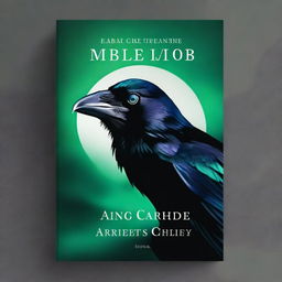 Create a book cover featuring a raven's eye with an emerald embedded in it