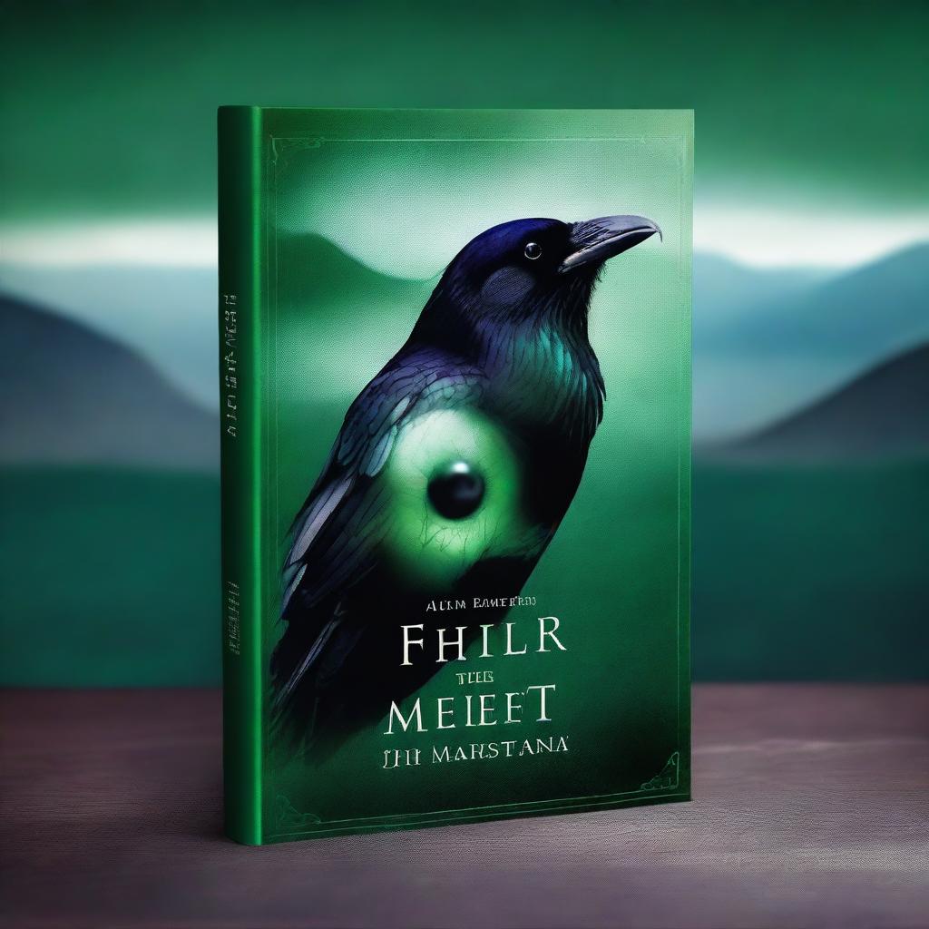 Create a book cover featuring a raven's eye with an emerald embedded in it