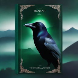 Create a book cover featuring a raven's eye with an emerald embedded in it
