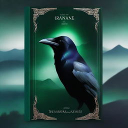 Create a book cover featuring a raven's eye with an emerald embedded in it