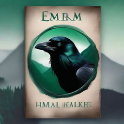 Create a book cover featuring a raven's eye with an emerald embedded in it