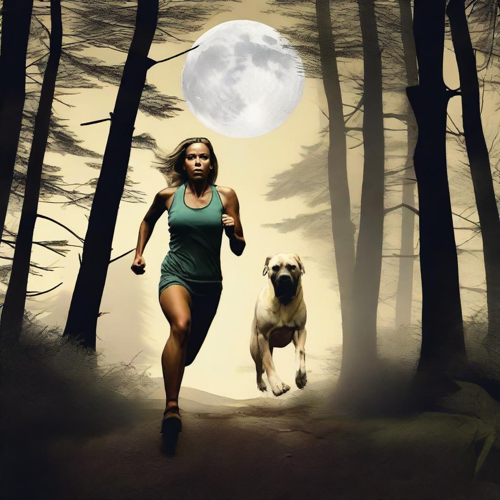 A Mastiff dog is chasing a blonde woman runner through a dense forest