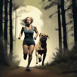 A Mastiff dog is chasing a blonde woman runner through a dense forest