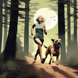 A Mastiff dog is chasing a blonde woman runner through a dense forest