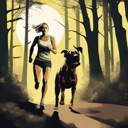 A Mastiff dog is chasing a blonde woman runner through a dense forest