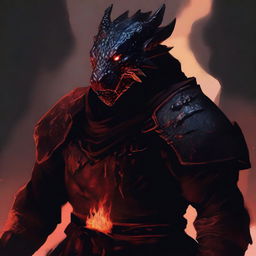 A DnD Dragonborn with black scales tipped with a red glow and flames leaking from its mouth