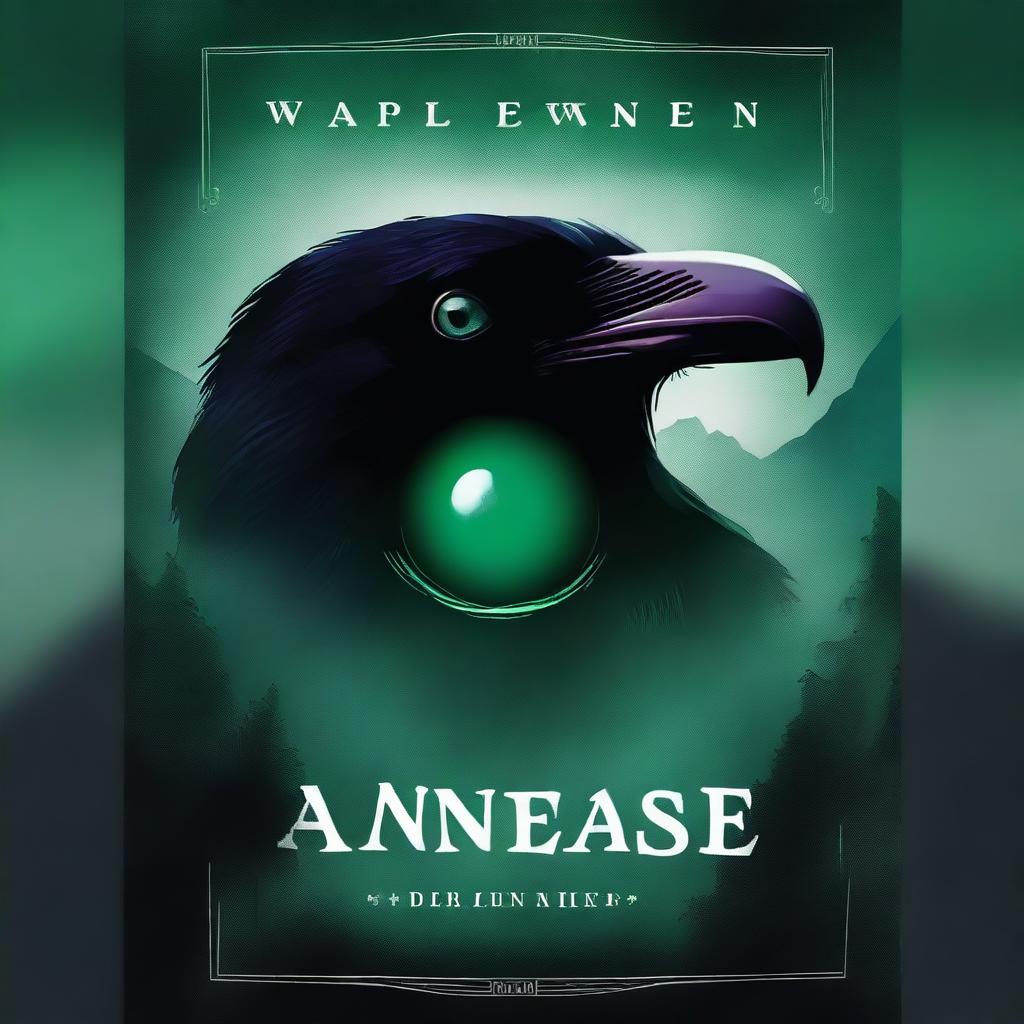 Create an image in the style of a book cover featuring a raven's eye with an emerald embedded in it