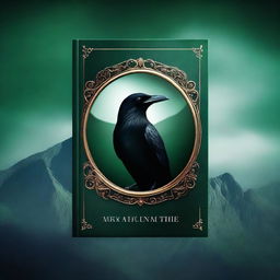 Create an image in the style of a book cover featuring a raven's eye with an emerald embedded in it