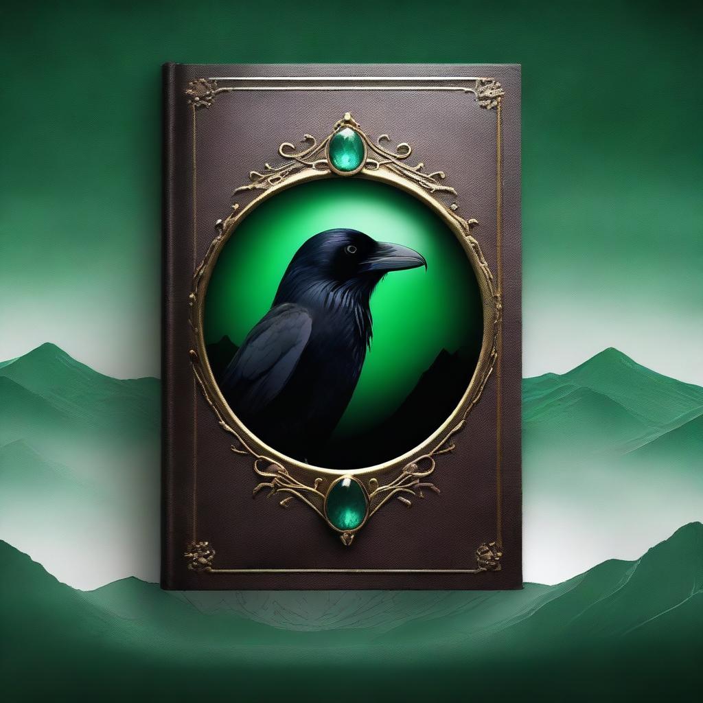 Create an image in the style of a book cover featuring a raven's eye with an emerald embedded in it