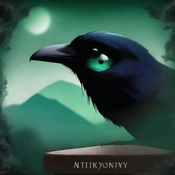 Create an image in the style of a book cover featuring a raven's eye with an emerald embedded in it