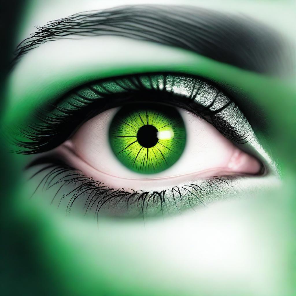 Create an image featuring a green emerald eye with a dark and moody background