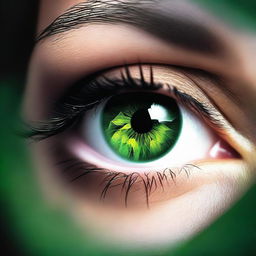 Create an image featuring a green emerald eye with a dark and moody background