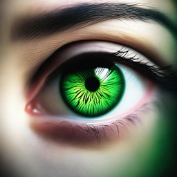 Create an image featuring a green emerald eye with a dark and moody background