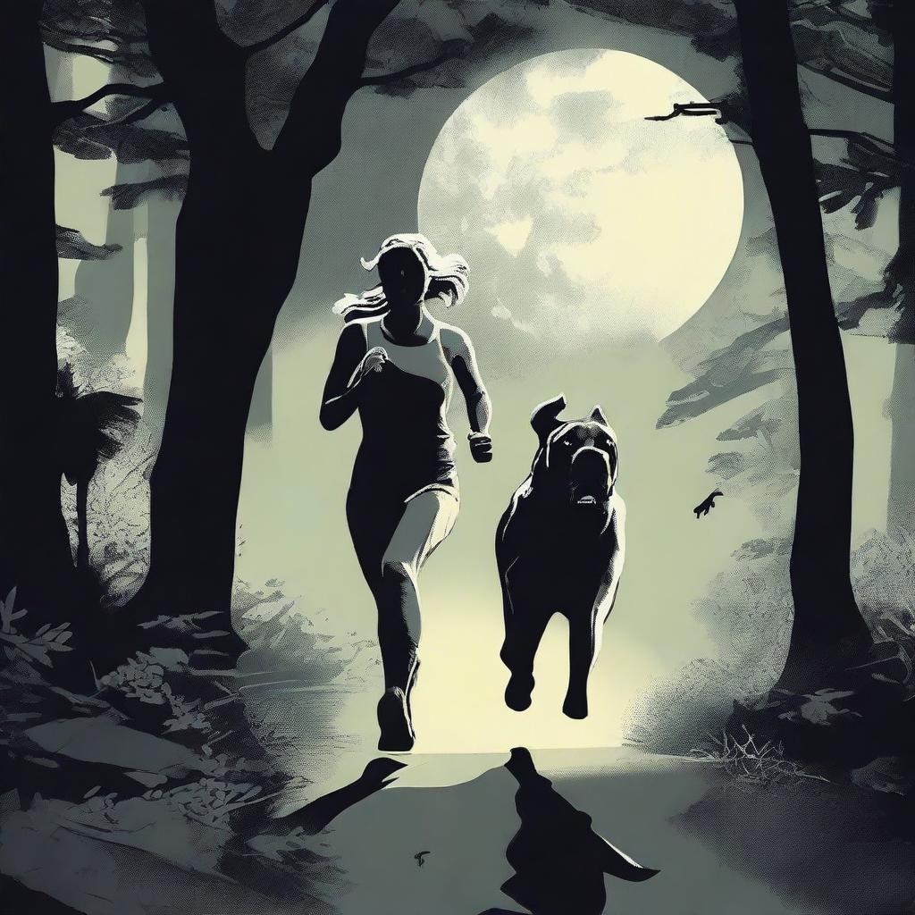 A Mastiff dog is chasing a blonde woman runner through a dense forest under a full moon