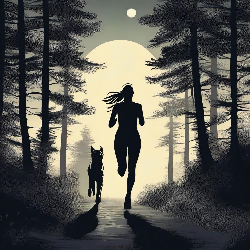 A Mastiff dog is chasing a blonde woman runner through a dense forest under a full moon