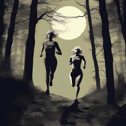 A Mastiff dog is chasing a blonde woman runner through a dense forest under a full moon