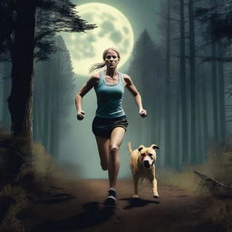 A Mastiff dog is chasing a blonde woman runner through a dense forest under a full moon