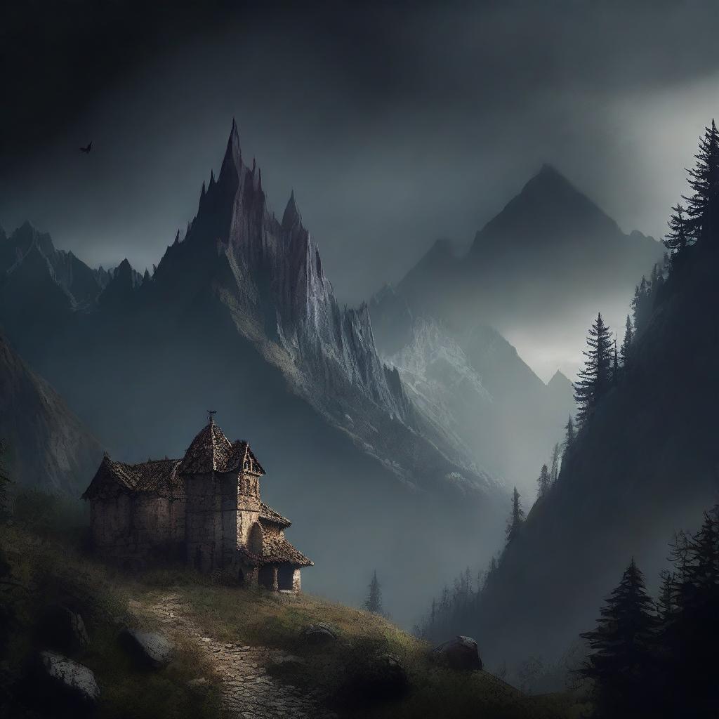 Create an image featuring a medieval scene with a dark and moody background