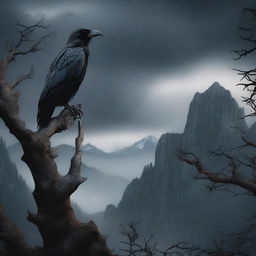 A dark and moody medieval scene featuring tall, imposing mountains in the background