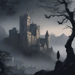 A dark and moody medieval scene designed as a story cover