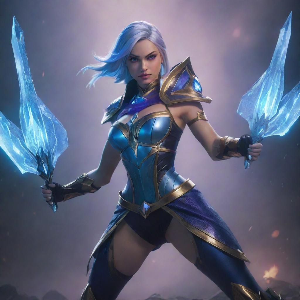 Camille from League of Legends in her distinctive attire, holding her crystalline blades, ready for battle. The background is filled with misty energy effects under the twilight.