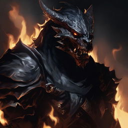 A DnD Dragonborn with black scales and flames leaking from its mouth