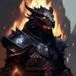 A DnD Dragonborn with black scales and flames leaking from its mouth