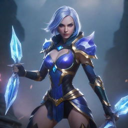 Camille from League of Legends in her distinctive attire, holding her crystalline blades, ready for battle. The background is filled with misty energy effects under the twilight.