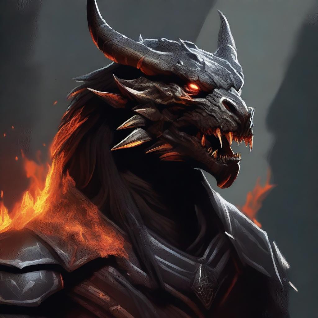 Illustrate a DnD Dragonborn with black scales and flames leaking from its mouth