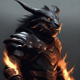 Illustrate a DnD Dragonborn with black scales and flames leaking from its mouth